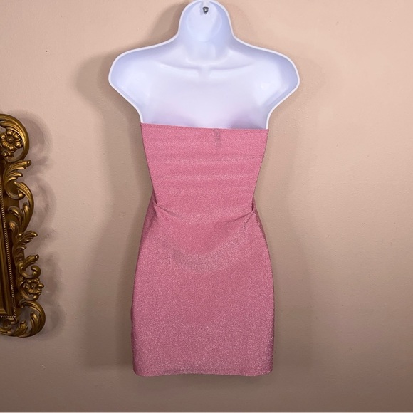 Medium Divided Pink Shimmer Fitted Bodycon Dress Strapless Stretch Event Party - Picture 9 of 13
